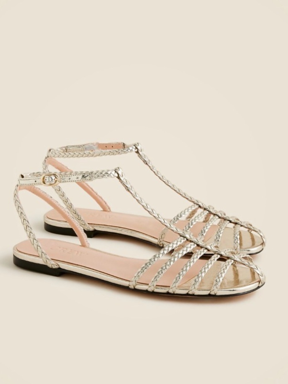 J. Crew Gold Leather Braided T-Strap Metallic Sandals